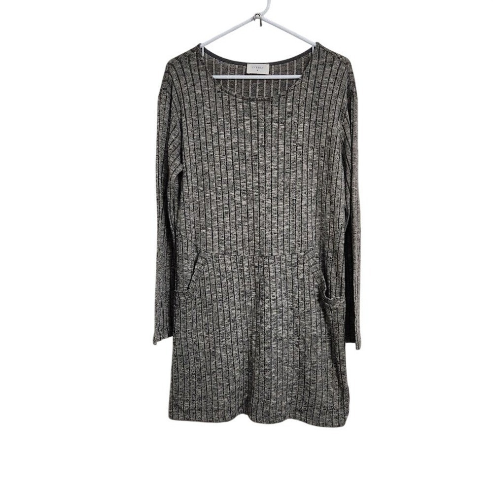 Everly Grey Ribbed Knit Long Sleeve Mini T-Shirt Dress with Pockets Small F76 - Picture 3 of 7